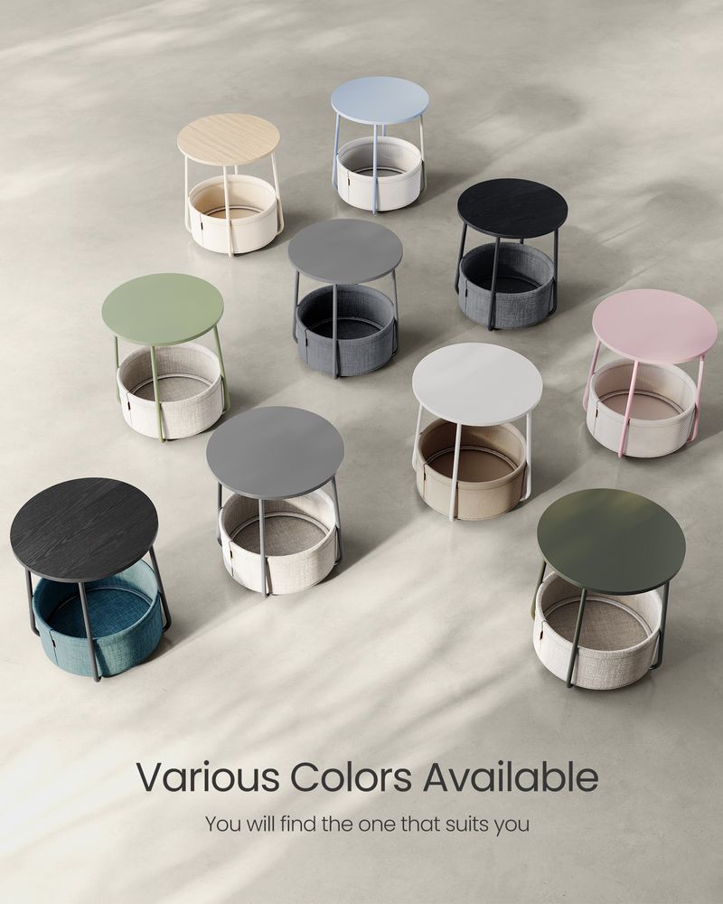 Round Nightstand | Metal Frame Side Table With Fabric Basket