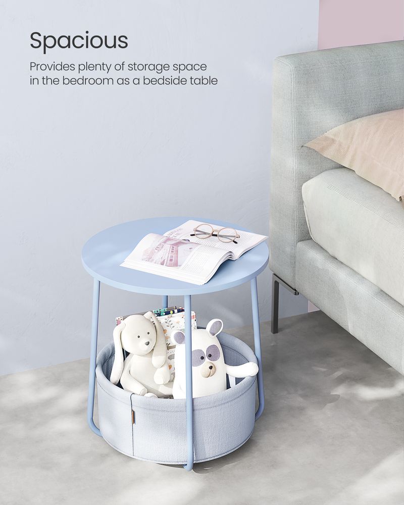 Round Nightstand | Metal Frame Side Table With Fabric Basket