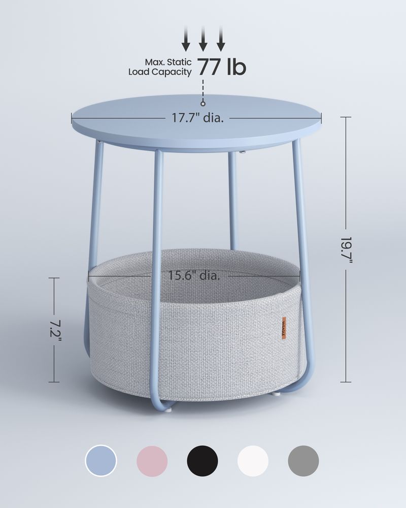 Round Nightstand | Metal Frame Side Table With Fabric Basket