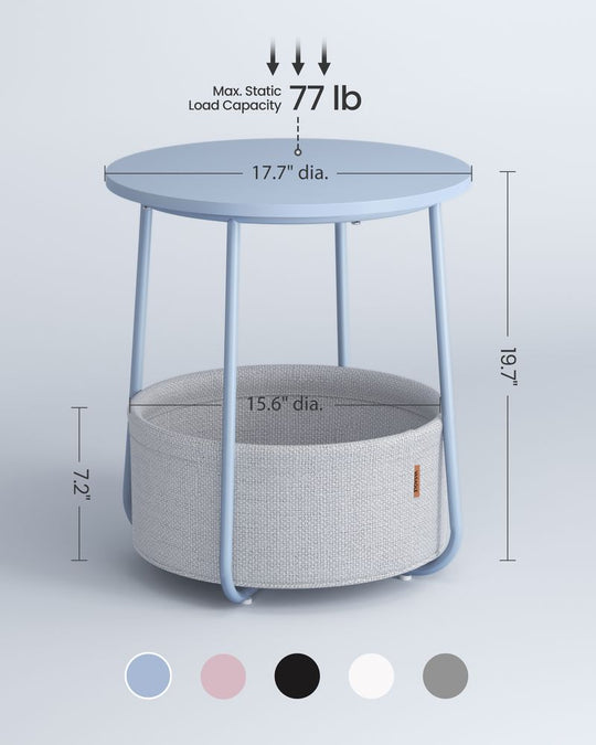 Round Nightstand | Metal Frame Side Table With Fabric Basket