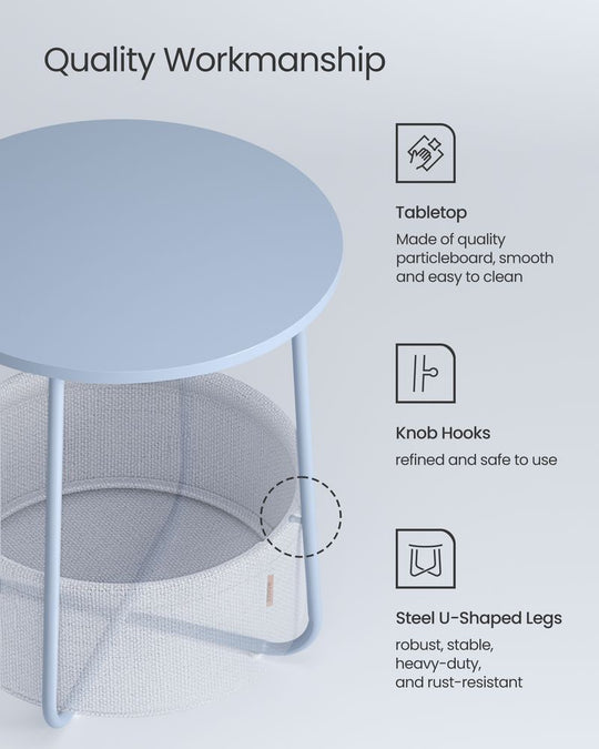 Round Nightstand | Metal Frame Side Table With Fabric Basket