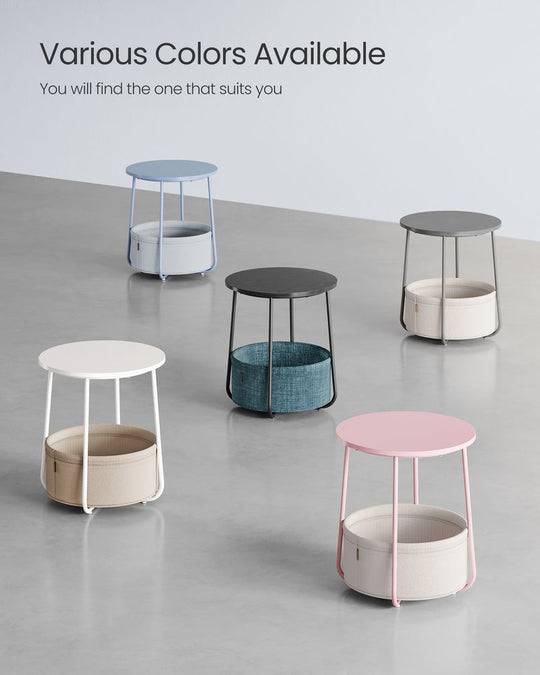 Round Nightstand | Metal Frame Side Table With Fabric Basket