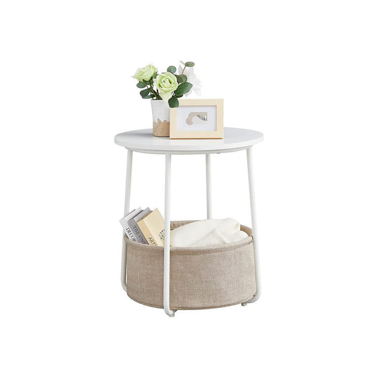 Round Nightstand | Metal Frame Side Table With Fabric Basket