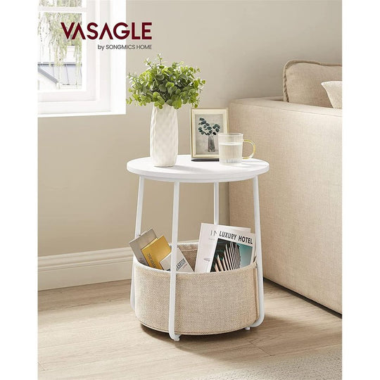 Round Nightstand | Metal Frame Side Table With Fabric Basket