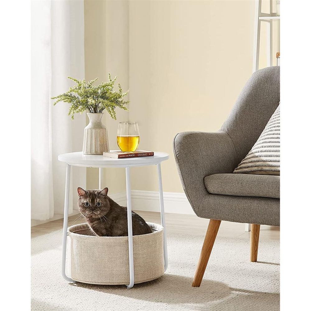 Round Nightstand | Metal Frame Side Table With Fabric Basket
