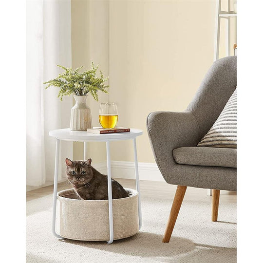 Round Nightstand | Metal Frame Side Table With Fabric Basket