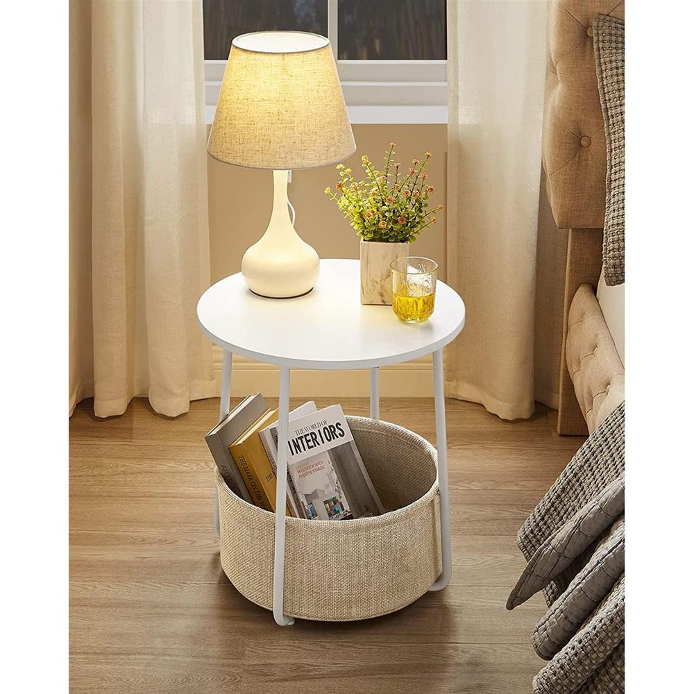 Round Nightstand | Metal Frame Side Table With Fabric Basket