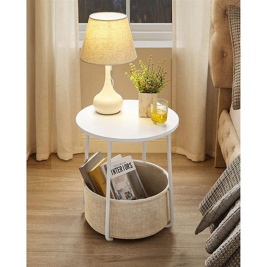 Round Nightstand | Metal Frame Side Table With Fabric Basket