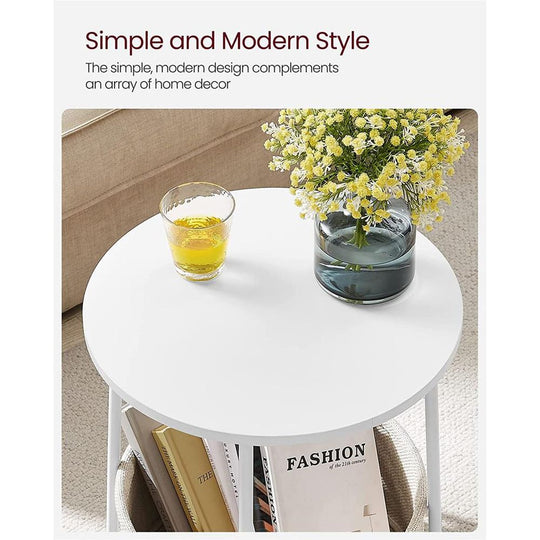 Round Nightstand | Metal Frame Side Table With Fabric Basket
