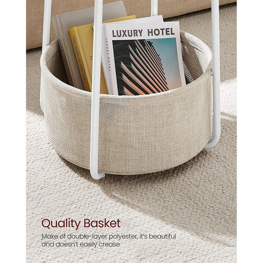 Round Nightstand | Metal Frame Side Table With Fabric Basket