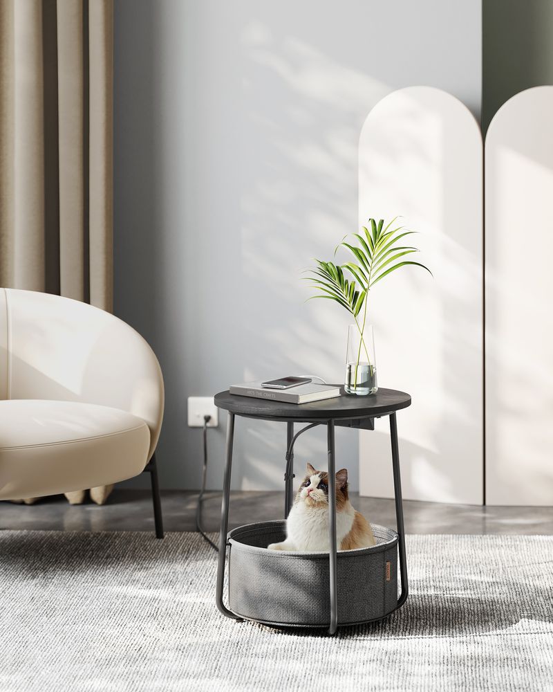 Round Side Table With Charging Station | Fabric Basket And Metal Legs