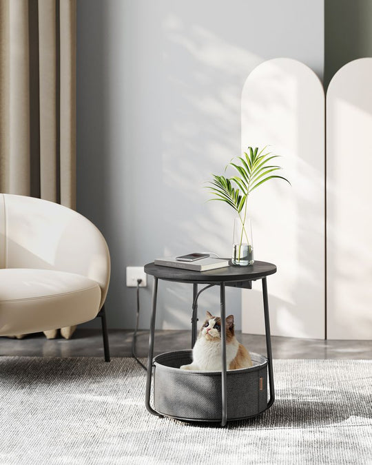 Round Side Table With Charging Station | Fabric Basket And Metal Legs