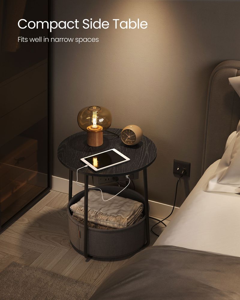 Round Side Table With Charging Station | Fabric Basket And Metal Legs