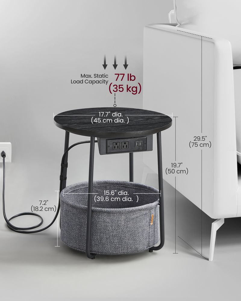 Round Side Table With Charging Station | Fabric Basket And Metal Legs