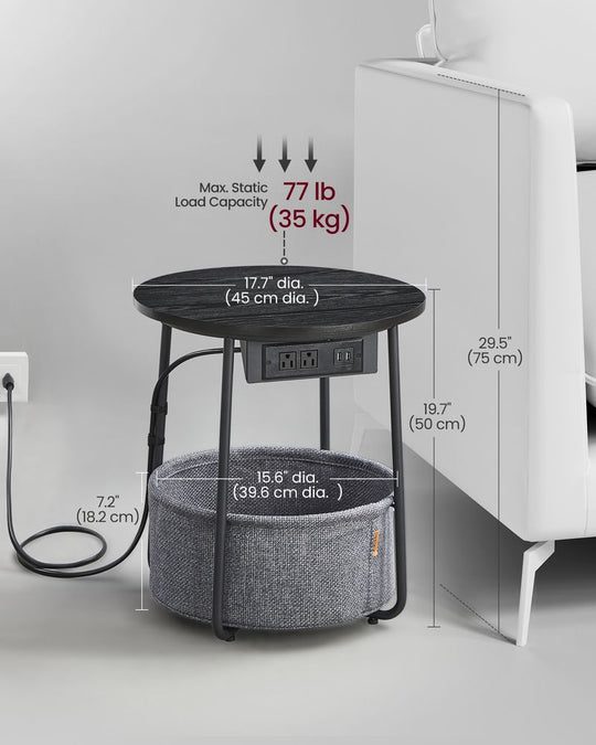 Round Side Table With Charging Station | Fabric Basket And Metal Legs