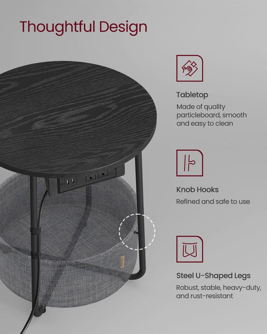 Round Side Table With Charging Station | Fabric Basket And Metal Legs