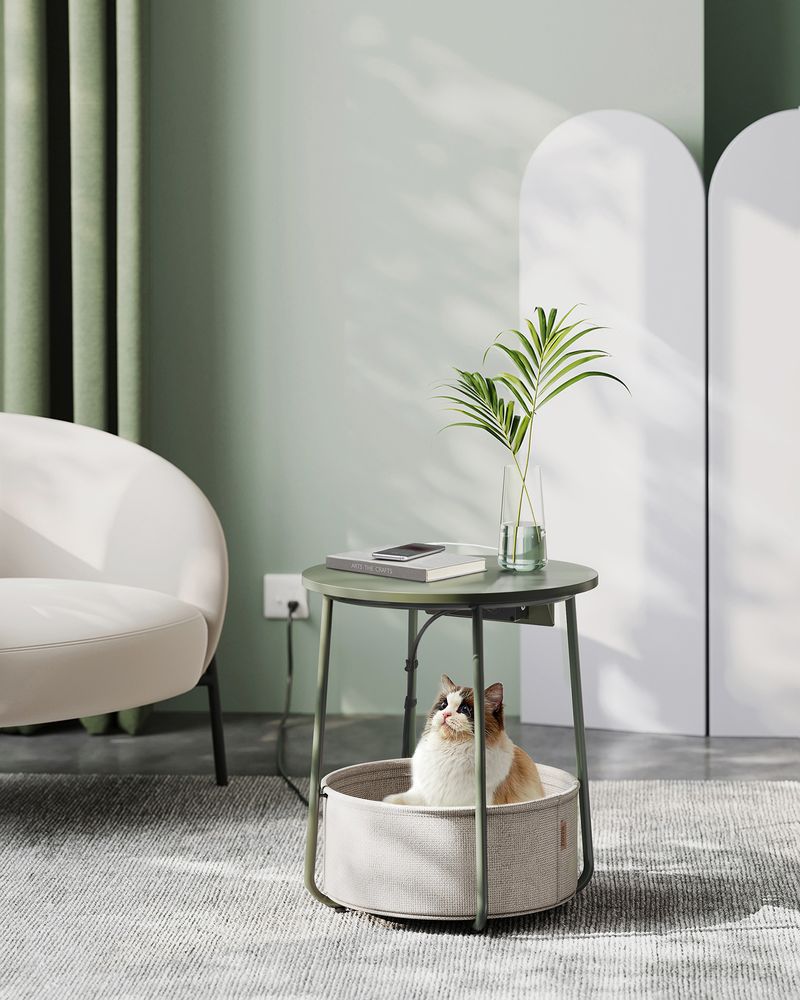 Round Side Table With Charging Station | Fabric Basket And Metal Legs