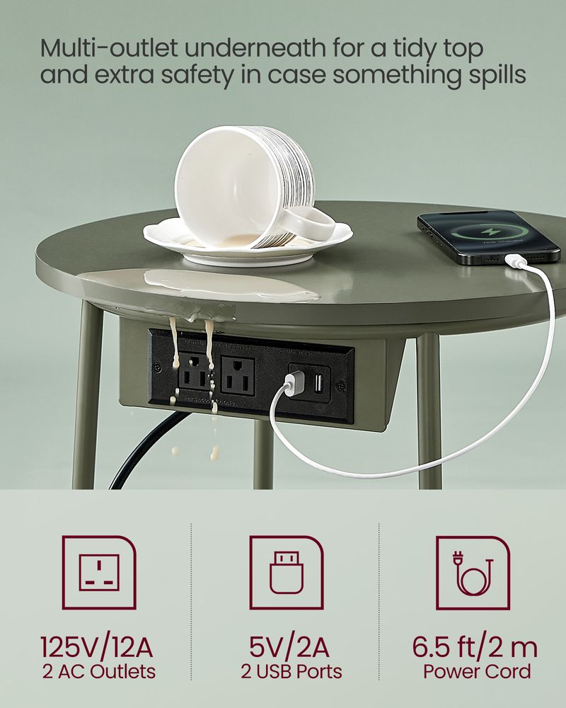 Round Side Table With Charging Station | Fabric Basket And Metal Legs