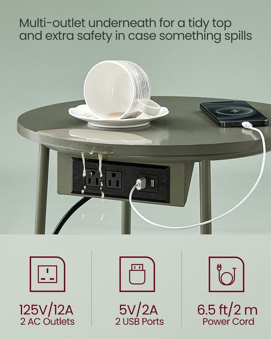 Round Side Table With Charging Station | Fabric Basket And Metal Legs