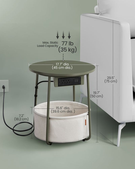 Round Side Table With Charging Station | Fabric Basket And Metal Legs