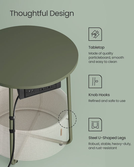 Round Side Table With Charging Station | Fabric Basket And Metal Legs