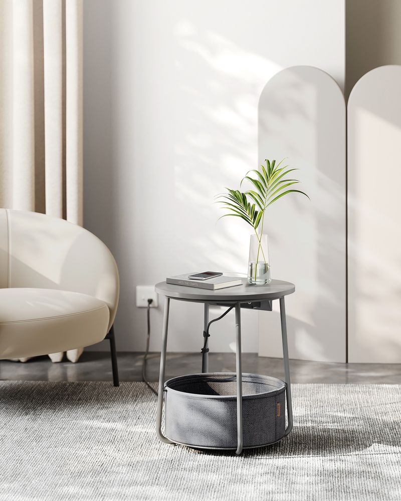Round Side Table With Charging Station | Fabric Basket And Metal Legs