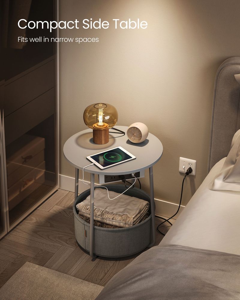 Round Side Table With Charging Station | Fabric Basket And Metal Legs