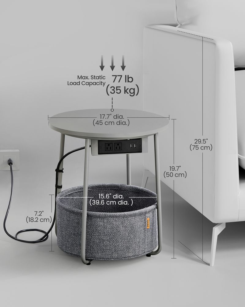 Round Side Table With Charging Station | Fabric Basket And Metal Legs