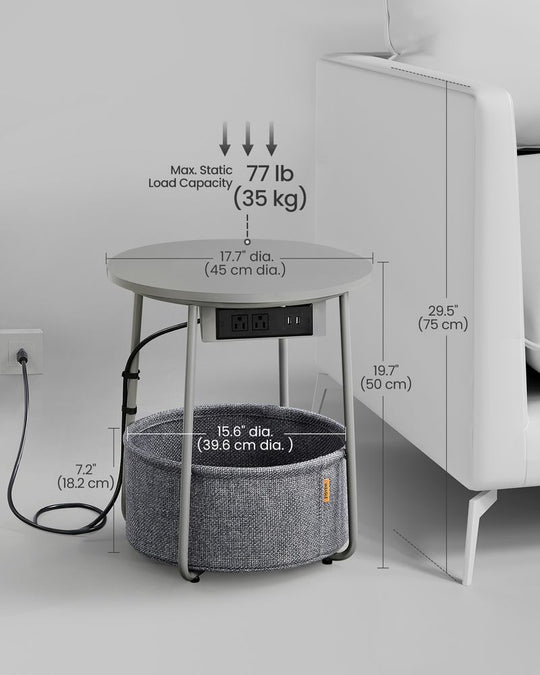 Round Side Table With Charging Station | Fabric Basket And Metal Legs