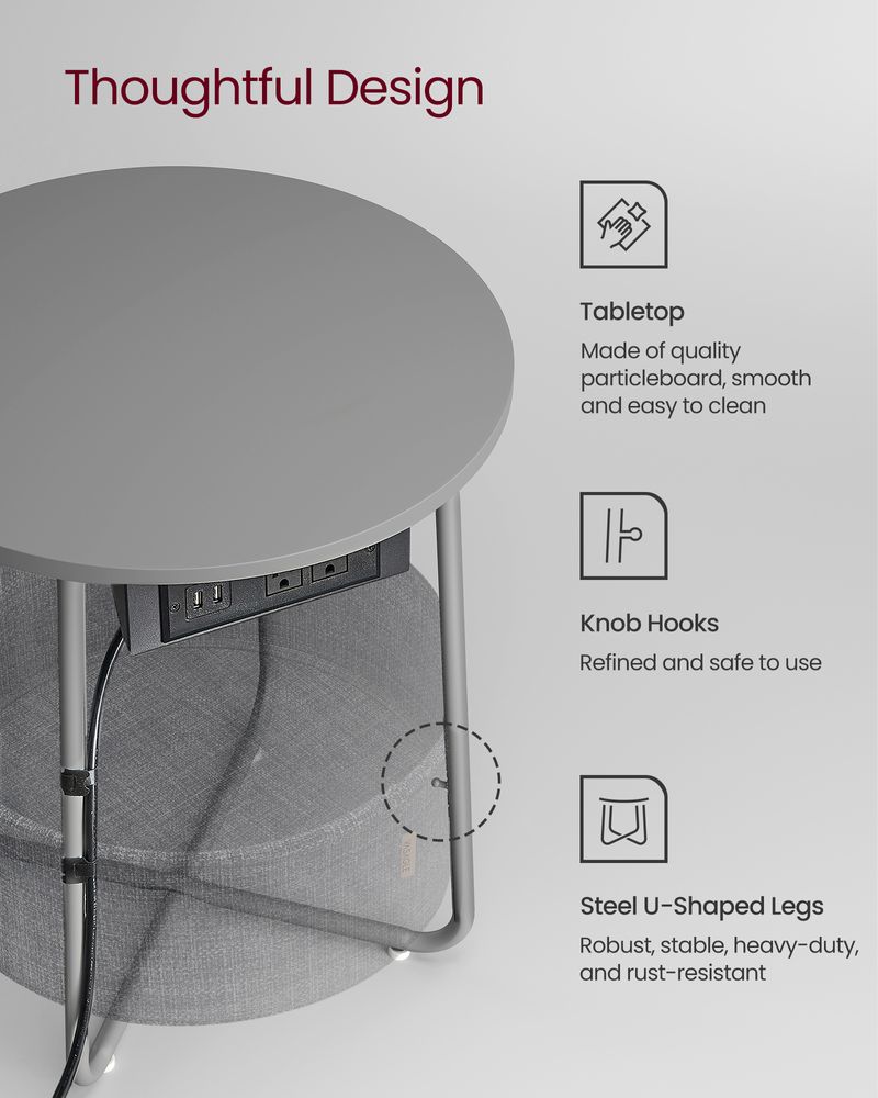 Round Side Table With Charging Station | Fabric Basket And Metal Legs