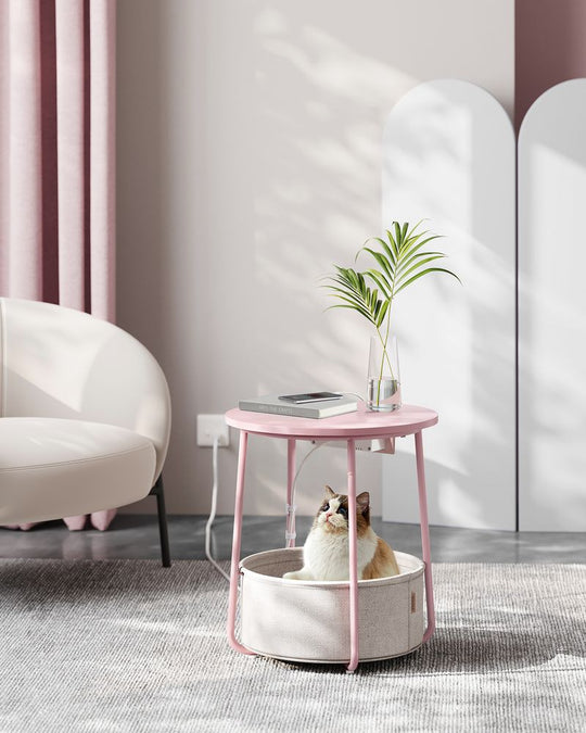 Round Side Table With Charging Station | Fabric Basket And Metal Legs