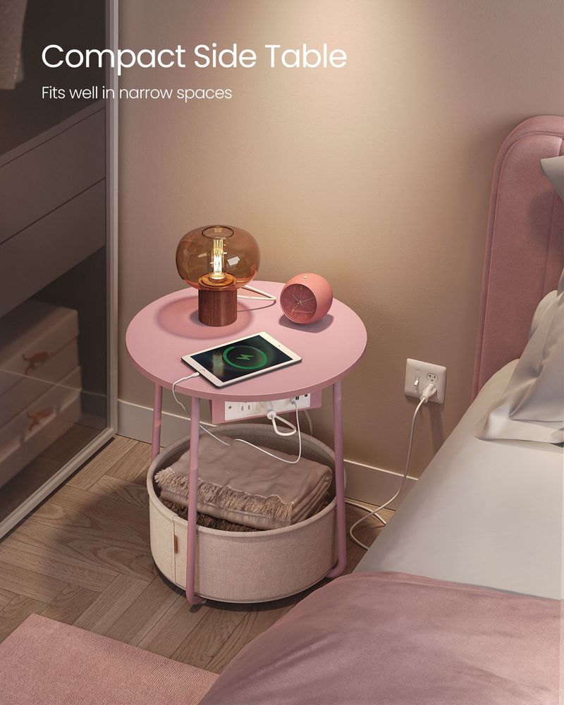 Round Side Table With Charging Station | Fabric Basket And Metal Legs
