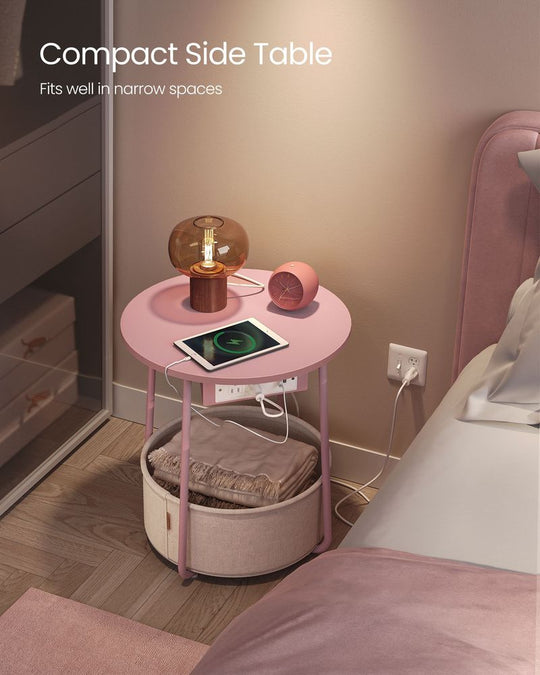 Round Side Table With Charging Station | Fabric Basket And Metal Legs