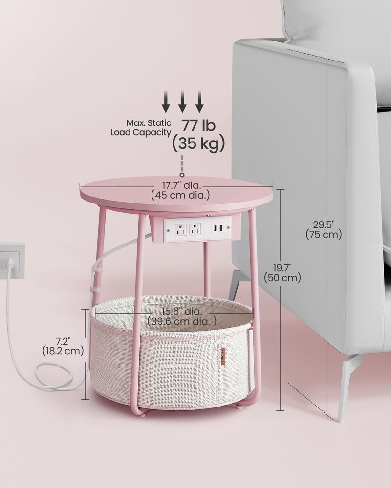 Round Side Table With Charging Station | Fabric Basket And Metal Legs