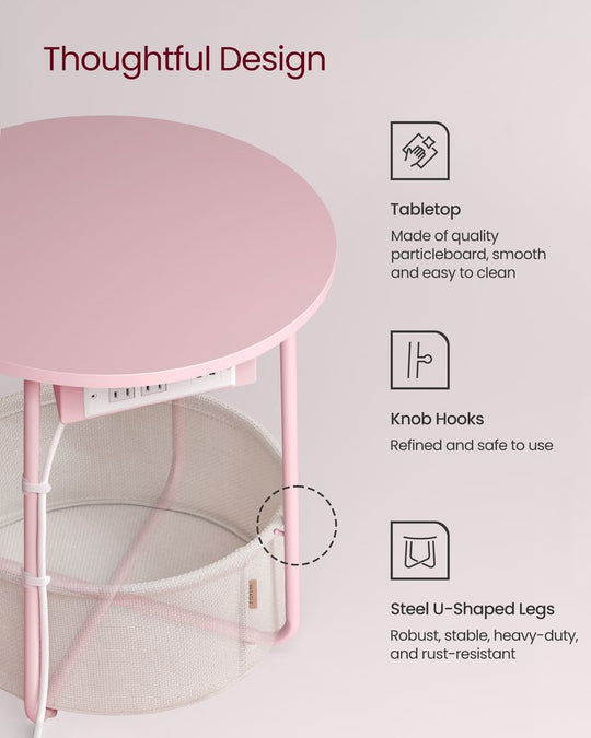 Round Side Table With Charging Station | Fabric Basket And Metal Legs