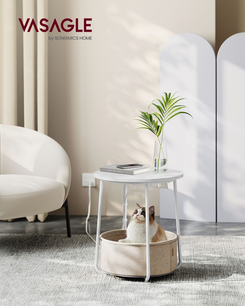 Round Side Table With Charging Station | Fabric Basket And Metal Legs