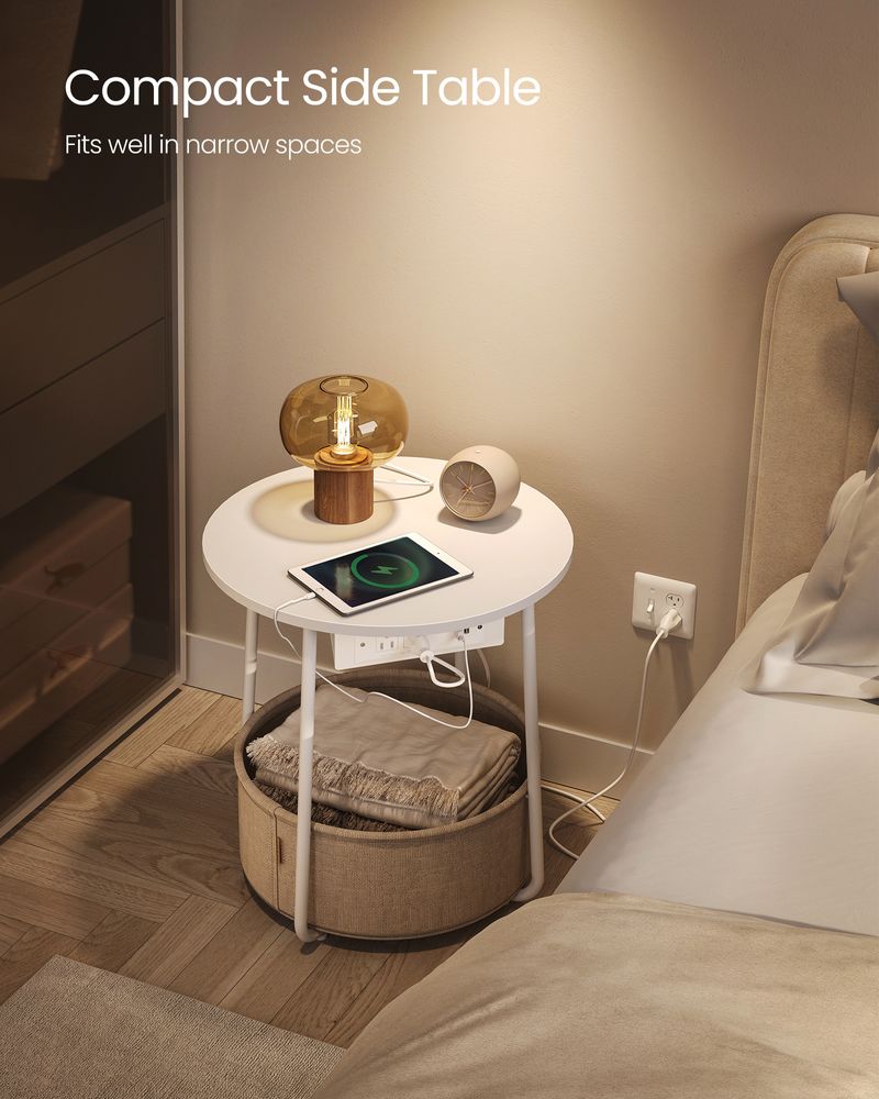 Round Side Table With Charging Station | Fabric Basket And Metal Legs