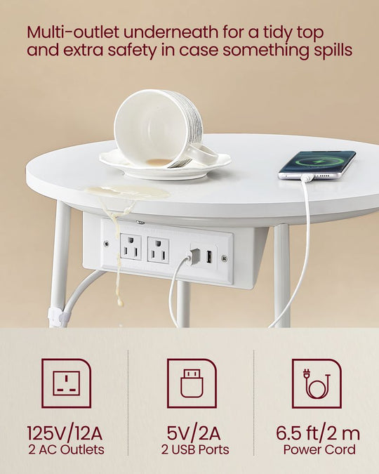 Round Side Table With Charging Station | Fabric Basket And Metal Legs