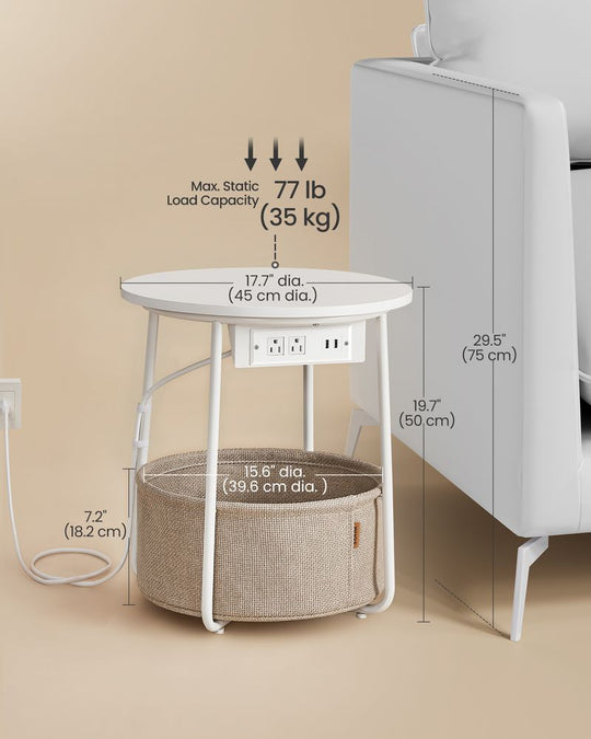 Round Side Table With Charging Station | Fabric Basket And Metal Legs