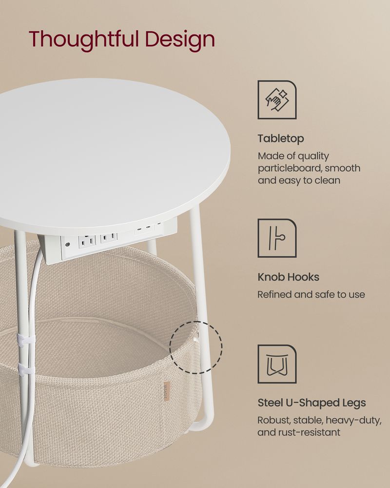 Round Side Table With Charging Station | Fabric Basket And Metal Legs