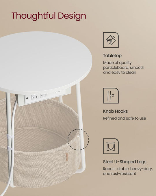 Round Side Table With Charging Station | Fabric Basket And Metal Legs