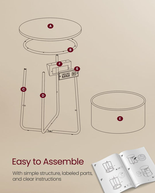 Round Side Table With Charging Station | Fabric Basket And Metal Legs