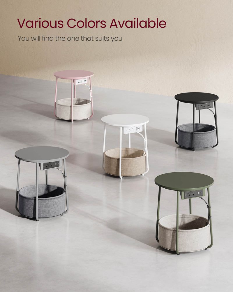 Round Side Table With Charging Station | Fabric Basket And Metal Legs