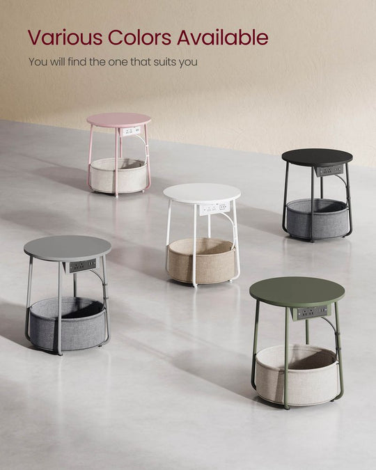 Round Side Table With Charging Station | Fabric Basket And Metal Legs