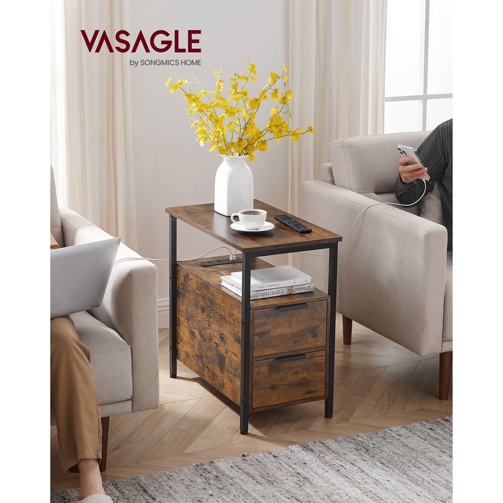 Narrow End Table With Charging Station | Two Drawers And Open Shelf