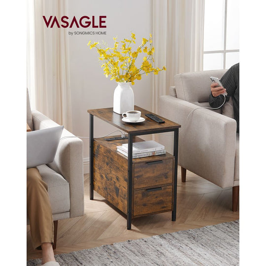 Narrow End Table With Charging Station | Two Drawers And Open Shelf