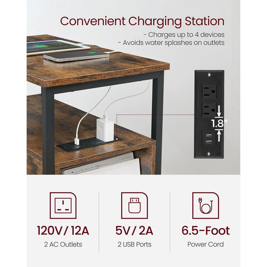 Narrow End Table With Charging Station | Two Drawers And Open Shelf