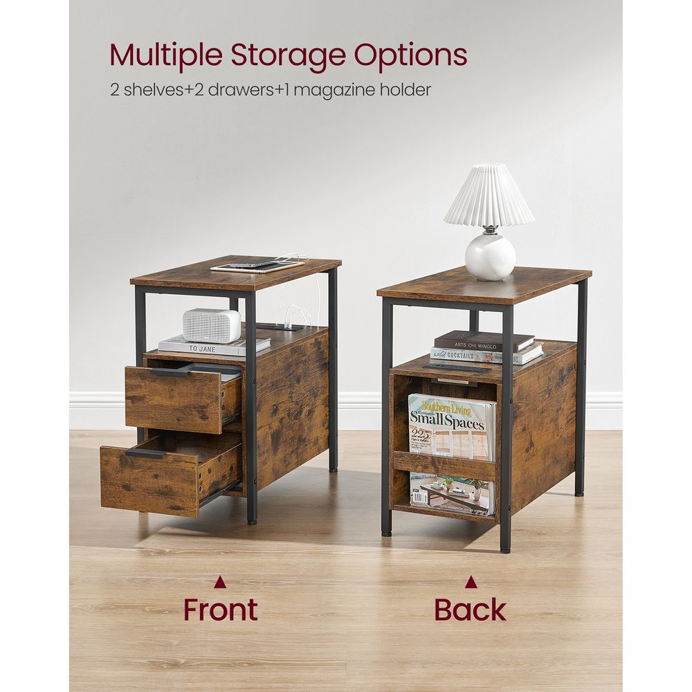 Narrow End Table With Charging Station | Two Drawers And Open Shelf