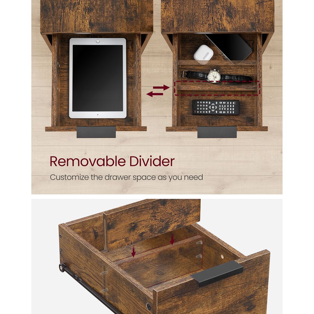 Narrow End Table With Charging Station | Two Drawers And Open Shelf