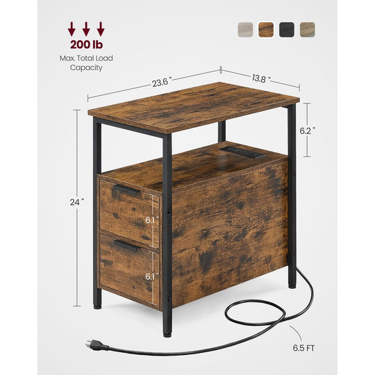 Narrow End Table With Charging Station | Two Drawers And Open Shelf